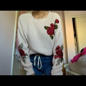 Woven heart knit rose embroidered sweater